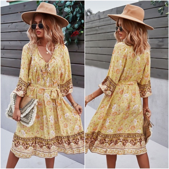 boho floral print belted 3/4 sleeve dress Yellow - Picture 8 of 9